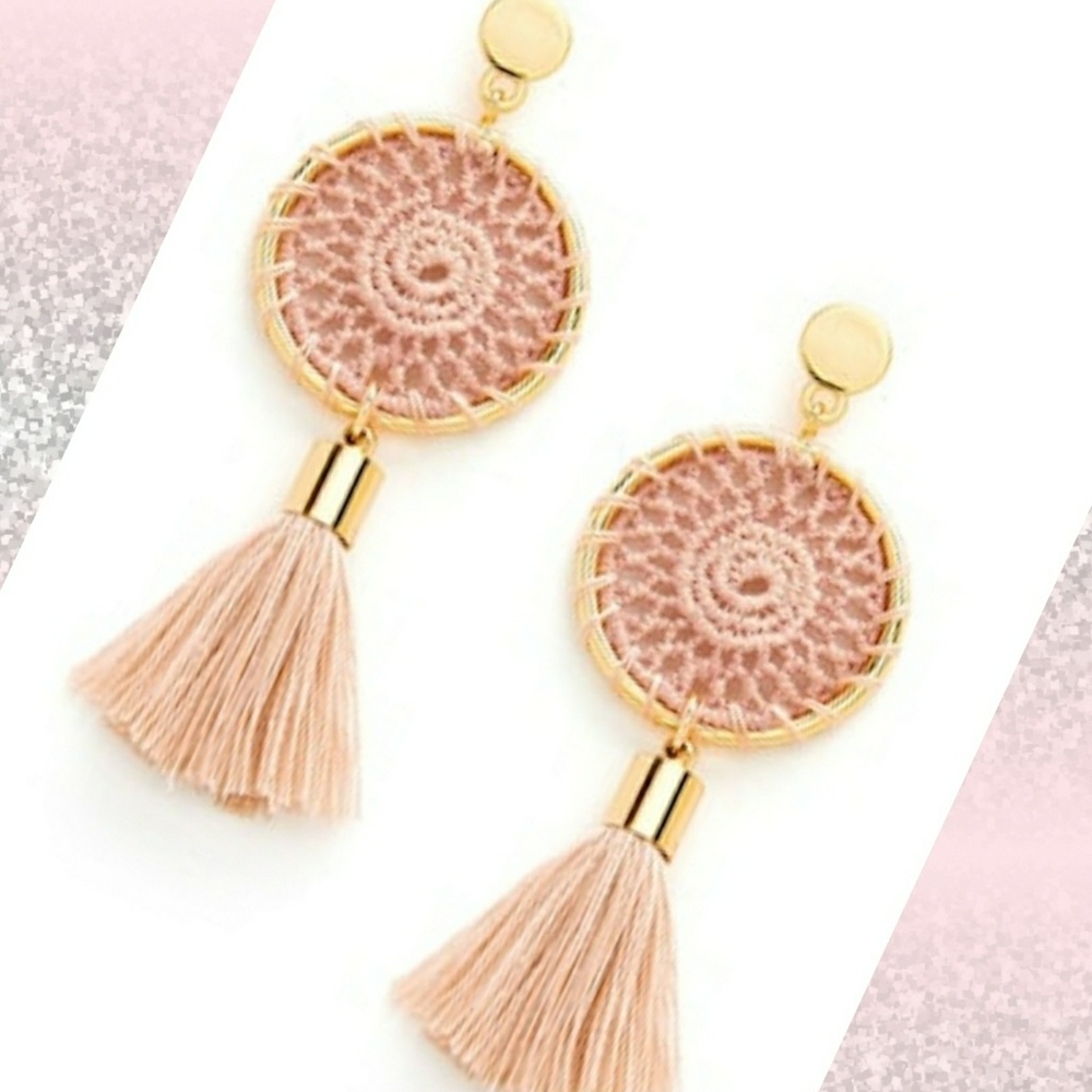 LAST PAIR! Boho Crochet Top Tassel Blush Earrings - Picture 3 of 4